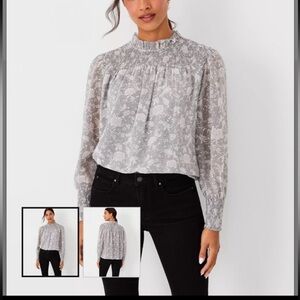 Ann Taylor Gray Long Sleeve Blouse
 Petite Floral Smocked Blouse